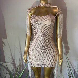Chic Beige Sequin Mini Dress